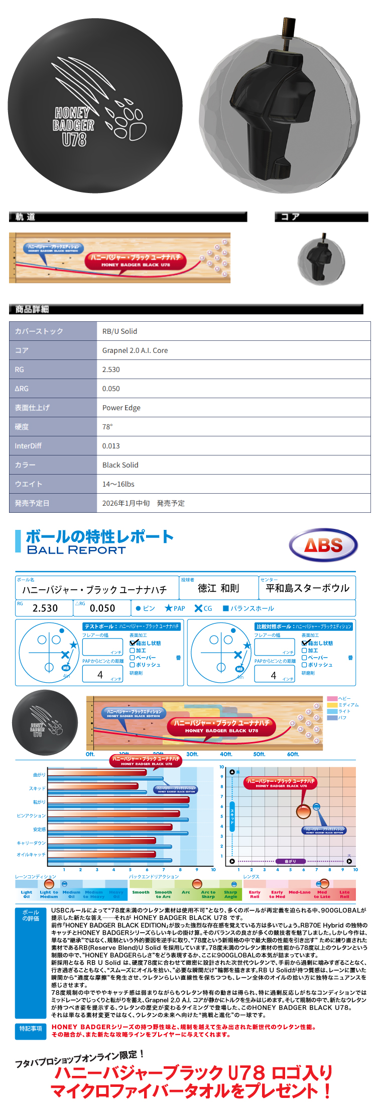 ボウリング用品 ボウリングボール 900グローバル 900GLOBAL　ハニーバジャーブラックU78　 HONEY BADGER BLACK U78
  